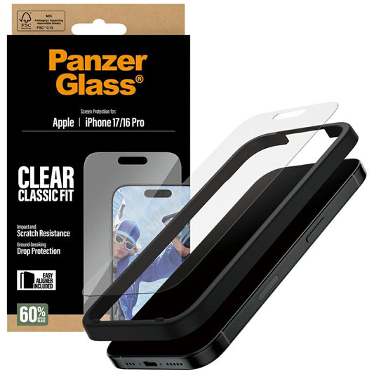 Folija za zaštitu ekrana PanzerGlass Classic Fit EasyAligner za Apple iPhone 17 / 16 Pro, Kaljeno staklo, Full Glue