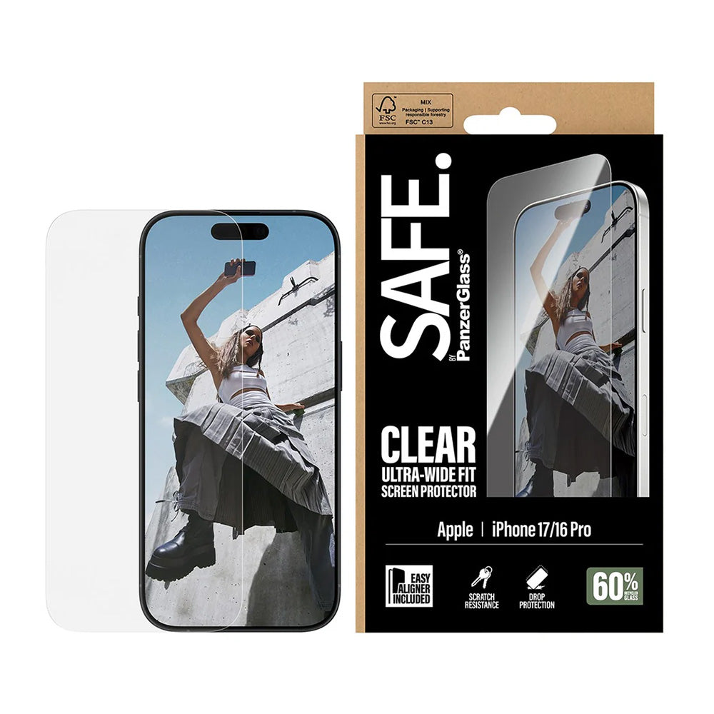 Folija za zaštitu ekrana PanzerGlass Safe. Ultra-Wide Fit EasyAligner za Apple iPhone 17 / 16 Pro, Kaljeno staklo, Full Glue.