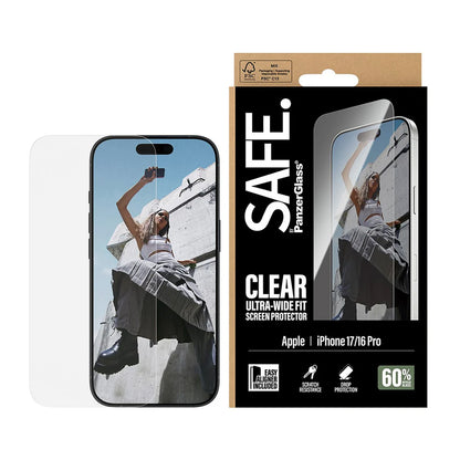 Folija za zaštitu ekrana PanzerGlass Safe. Ultra-Wide Fit EasyAligner za Apple iPhone 17 / 16 Pro, Kaljeno staklo, Full Glue.