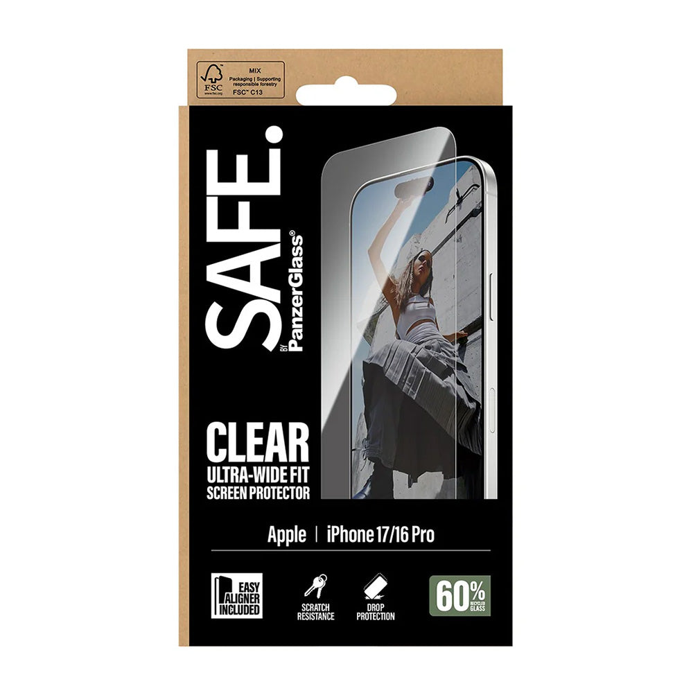 Folija za zaštitu ekrana PanzerGlass Safe. Ultra-Wide Fit EasyAligner za Apple iPhone 17 / 16 Pro, Kaljeno staklo, Full Glue.