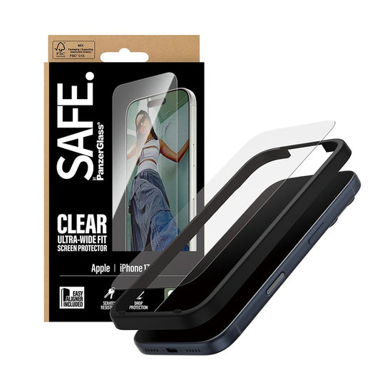 Folija za zaštitu ekrana PanzerGlass Safe. Ultra-Wide Fit EasyAligner za Apple iPhone 17 Pro, Kaljeno staklo, Full Glue.