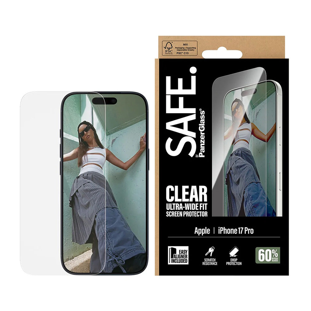 Folija za zaštitu ekrana PanzerGlass Safe. Ultra-Wide Fit EasyAligner za Apple iPhone 17 Pro, Kaljeno staklo, Full Glue.