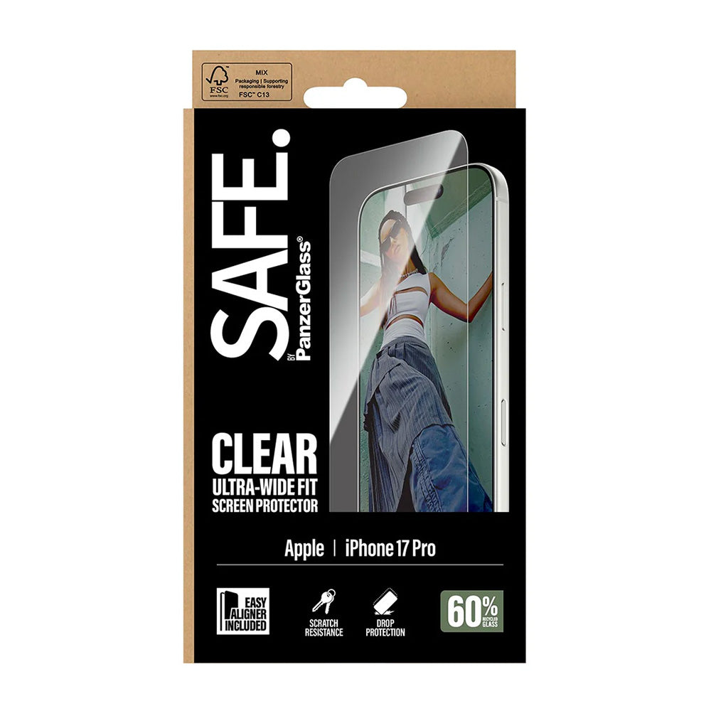 Folija za zaštitu ekrana PanzerGlass Safe. Ultra-Wide Fit EasyAligner za Apple iPhone 17 Pro, Kaljeno staklo, Full Glue.
