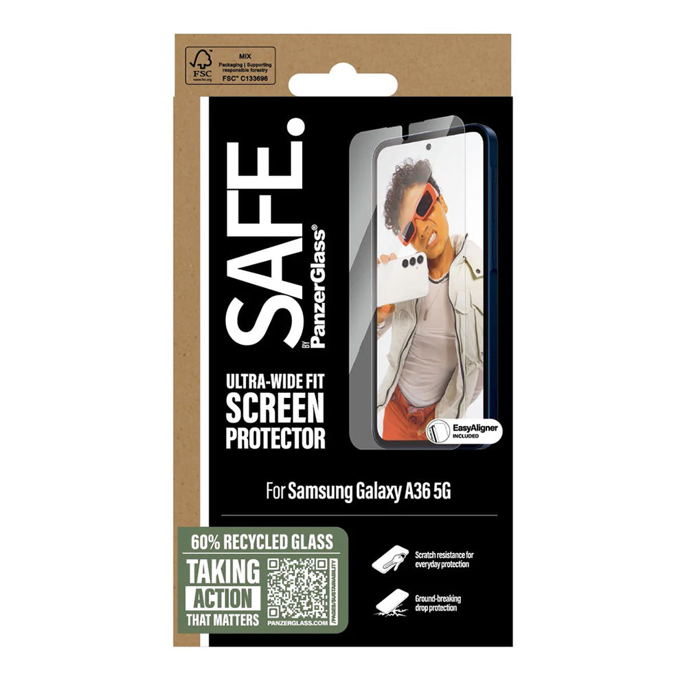 Folija za zaštitu ekrana PanzerGlass Safe. Ultra-Wide Fit EasyAligner za Samsung Galaxy A36 A366, Ojačano staklo, Full Glue