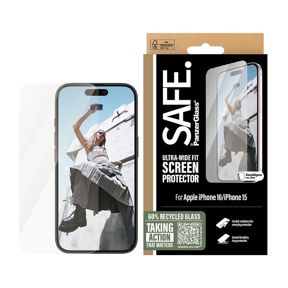 Folija za zaštitu ekrana PanzerGlass Safe. Ultra-Wide Fit za Apple iPhone 16 / 15, Kaljeno staklo, Full Glue.