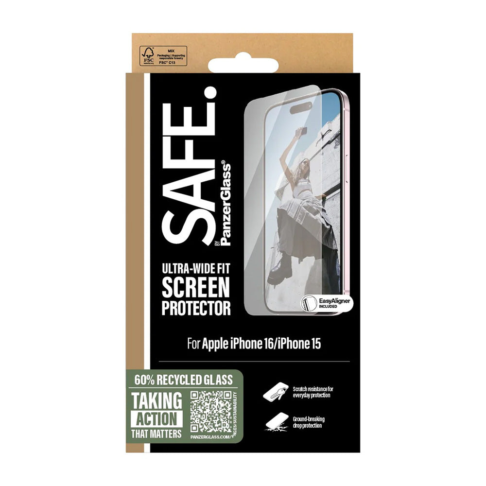 Folija za zaštitu ekrana PanzerGlass Safe. Ultra-Wide Fit za Apple iPhone 16 / 15, Kaljeno staklo, Full Glue.