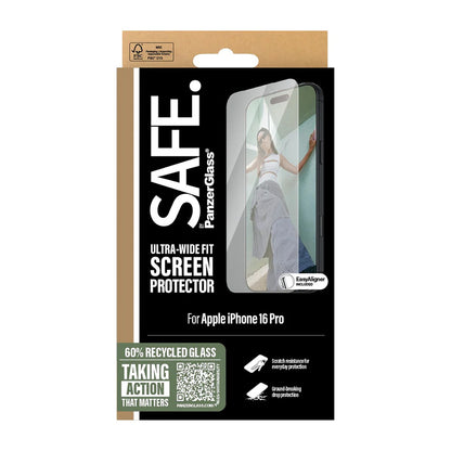 Folija za zaštitu ekrana PanzerGlass Safe. Ultra-Wide Fit za Apple iPhone 16 Pro, Kaljeno staklo, Full Glue.