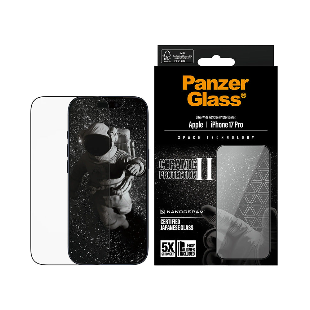 Folija za zaštitu ekrana PanzerGlass Ultra-Wide Ceramic II EasyAligner za Apple iPhone 17 Pro, Kaljeno staklo, Full Glue, Crna
