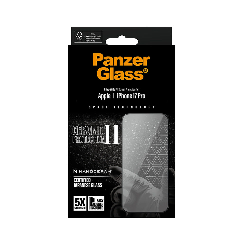 Folija za zaštitu ekrana PanzerGlass Ultra-Wide Ceramic II EasyAligner za Apple iPhone 17 Pro, Kaljeno staklo, Full Glue, Crna