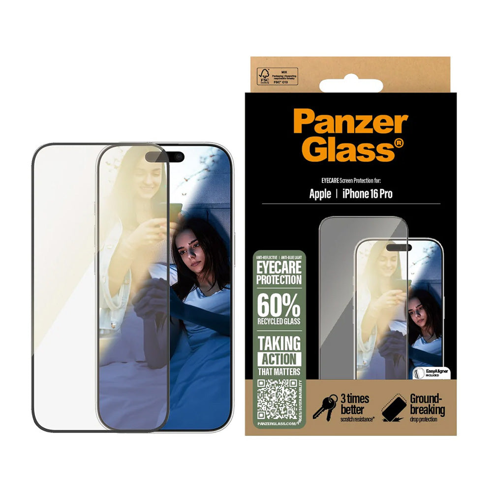 Folija za zaštitu ekrana PanzerGlass Ultra-Wide Fit EyeCare za Apple iPhone 16 Pro, Kaljeno staklo, Full Glue, Crna