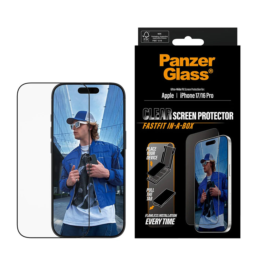 Folija za zaštitu ekrana PanzerGlass Ultra-Wide Fit Fastfit za Apple iPhone 17 / 16 Pro, Kaljeno staklo, Full Glue, Crna
