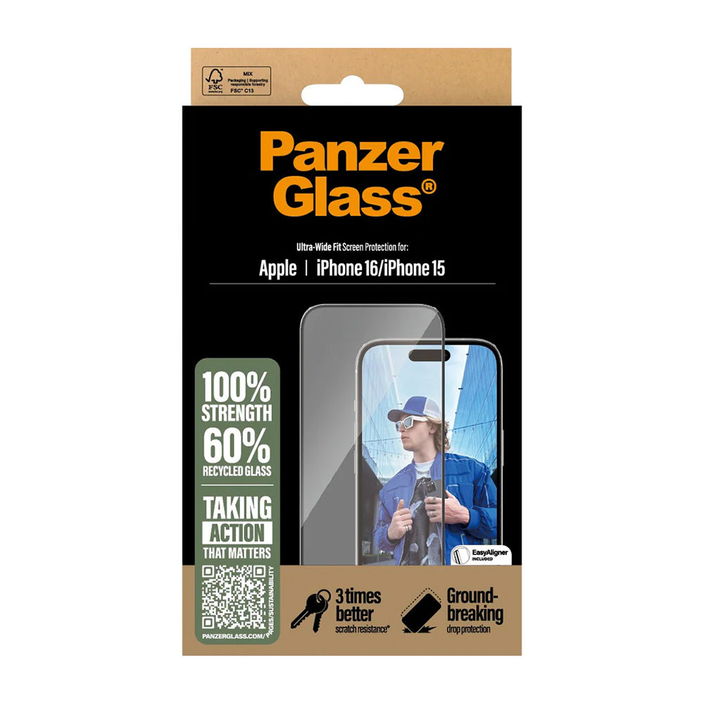 Folija za zaštitu ekrana PanzerGlass Ultra-Wide Fit za Apple iPhone 16 / 15, Kaljeno staklo, Full Glue, Crna