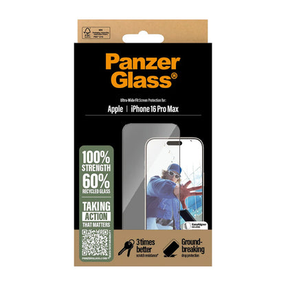 Folija za zaštitu ekrana PanzerGlass Ultra-Wide Fit za Apple iPhone 16 Pro Max, Kaljeno staklo, Full Glue, Crna