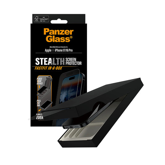 Folija za zaštitu ekrana PanzerGlass Ultra-Wide Fit Stealth Fastfit za Apple iPhone 17 / 16 Pro, Kaljeno staklo, Full Glue, Crna