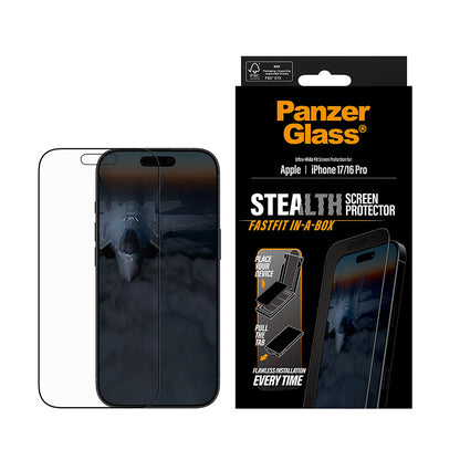 Folija za zaštitu ekrana PanzerGlass Ultra-Wide Fit Stealth Fastfit za Apple iPhone 17 / 16 Pro, Kaljeno staklo, Full Glue, Crna