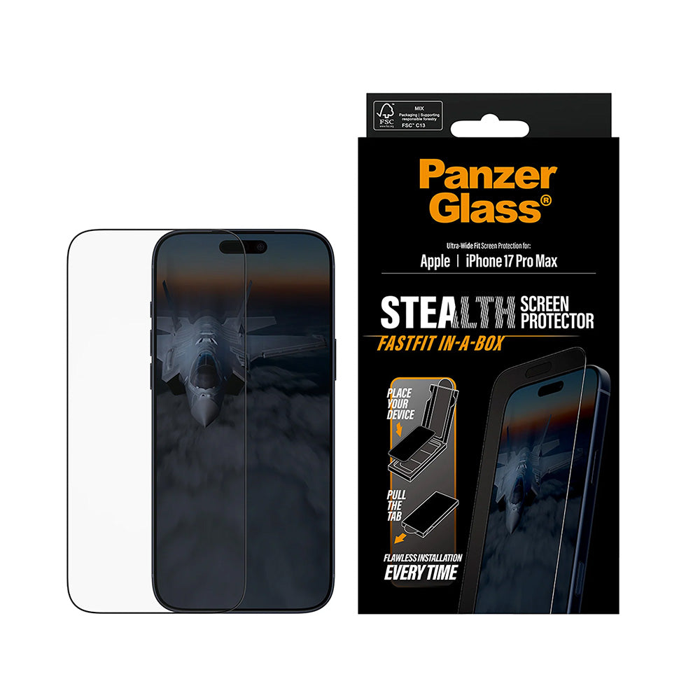 Folija za zaštitu ekrana PanzerGlass Ultra-Wide Fit Stealth Fastfit za Apple iPhone 17 Pro Max, Kaljeno staklo, Full Glue, Crna
