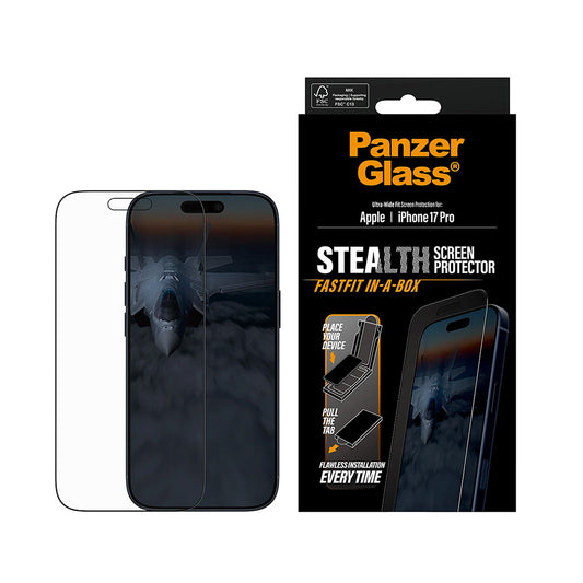 Folija za zaštitu ekrana PanzerGlass Ultra-Wide Fit Stealth Fastfit za Apple iPhone 17 Pro, Kaljeno staklo, Full Glue, Crna