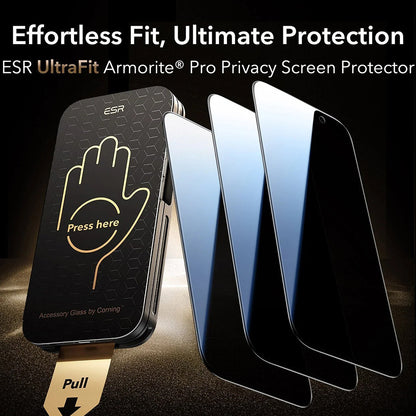 Folija za zaštitu ekrana Privacy ESR UltraFit Armorite Pro za Apple iPhone 17 Pro, Kaljeno staklo, Full Glue, Set od 3 komada