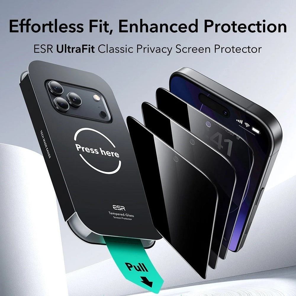 Zaštitna folija Ekran Privacy ESR UltraFit Classic za Apple iPhone 18 Pro Max, Kaljeno staklo, Full Glue, Set od 3 komada