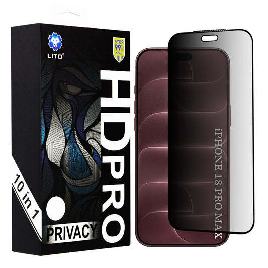 Zaštitna folija za ekran Privacy Lito HD Pro za Apple iPhone 18 Pro Max, kaljeno staklo, lepljenje po celoj površini, set od 10 komada