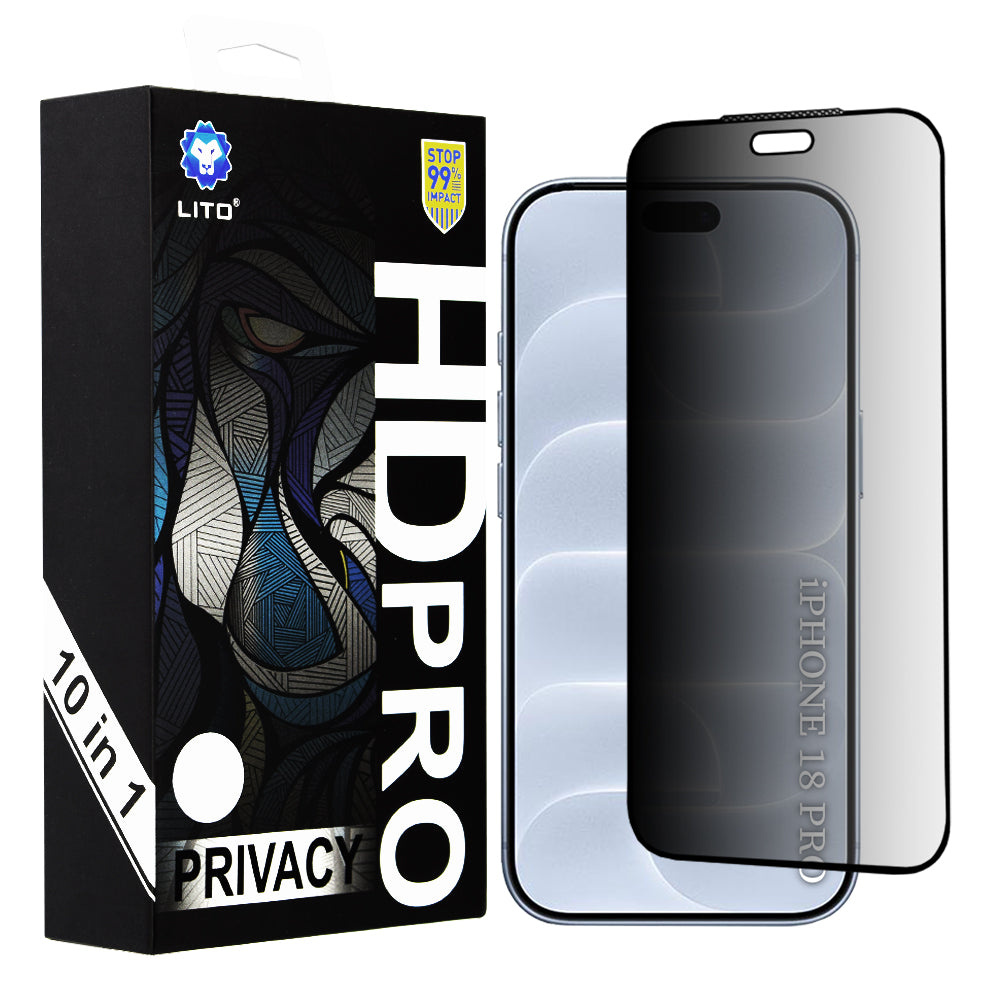 Zaštitna folija za ekran Privacy Lito HD Pro za Apple iPhone 18 Pro, kaljeno staklo, lepljenje po celoj površini, set od 10 komada