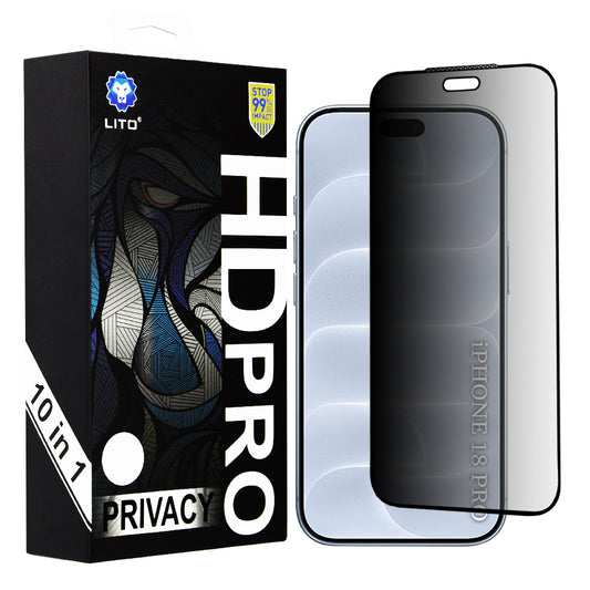 Zaštitna folija za ekran Privacy Lito HD Pro za Apple iPhone 18 Pro, kaljeno staklo, lepljenje po celoj površini, set od 10 komada