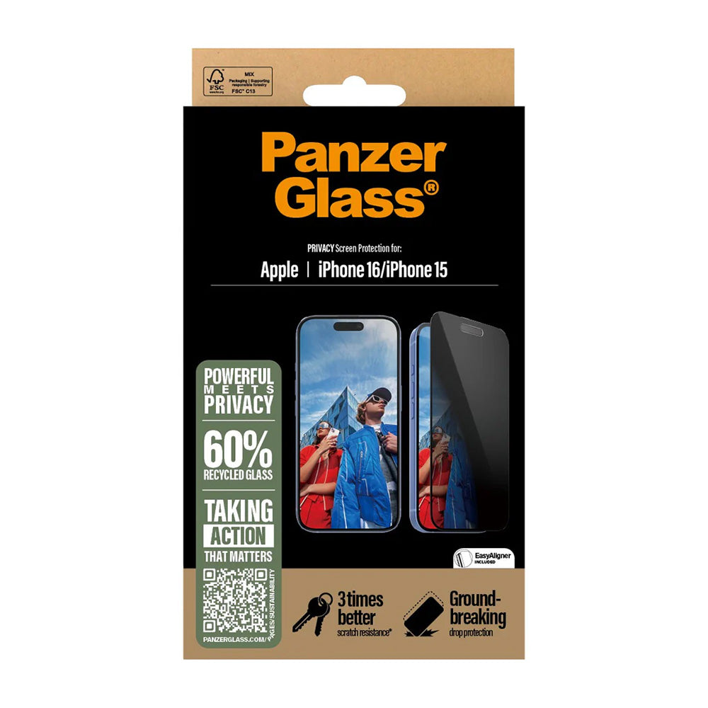 Folija za zaštitu ekrana Privacy PanzerGlass Ultra-Wide Fit EasyAligner za Apple iPhone 16 / 15, Kaljeno staklo, Full Glue
