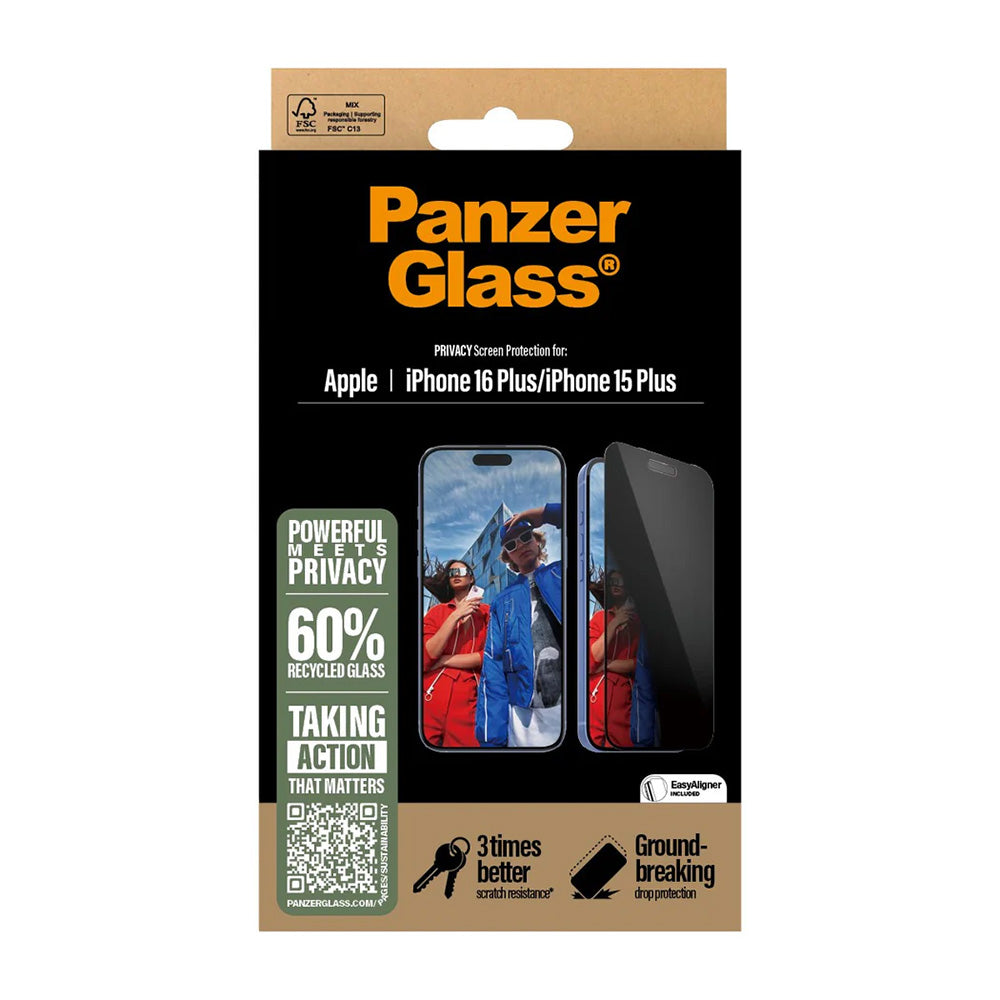 Folija za zaštitu ekrana Privacy PanzerGlass Ultra-Wide Fit EasyAligner za Apple iPhone 16 Plus / 15 Plus, Kaljeno staklo, Full Glue