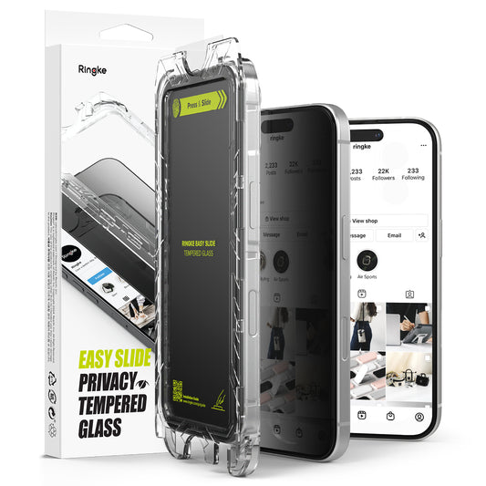 Folija za zaštitu ekrana Privacy Ringke Easy Slide za Apple iPhone 16 Plus / 15 Plus, Kaljeno staklo, Full Glue, Set 2 komada