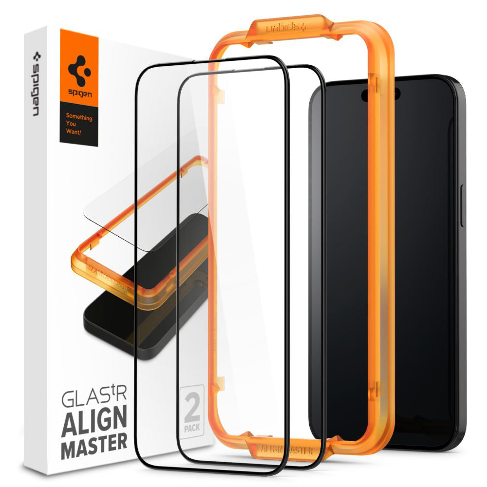Zaštitna folija za ekran Spigen GlastR Align Master za Apple iPhone 15, Kaljeno staklo, Full Glue, Set 2 komada, Crna AGL06906