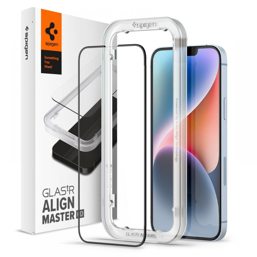 Folija za zaštitu ekrana Spigen GlastR Align Master za Apple iPhone 17e / 16e / 14 / 13 Pro, Kaljeno staklo, Full Glue, Crna AGL03725