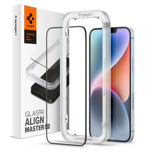 Folija za zaštitu ekrana Spigen GlastR Align Master za Apple iPhone 17e / 16e / 14 / 13 Pro, Kaljeno staklo, Full Glue, Crna AGL03725