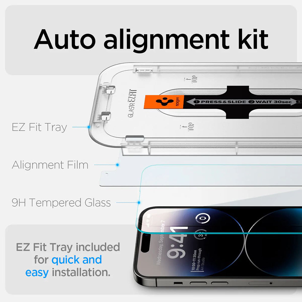 Folija za zaštitu ekrana Spigen GlastR EZ FIT za Apple iPhone 14 Pro, Kaljeno staklo, Full Glue, Set 2 komada