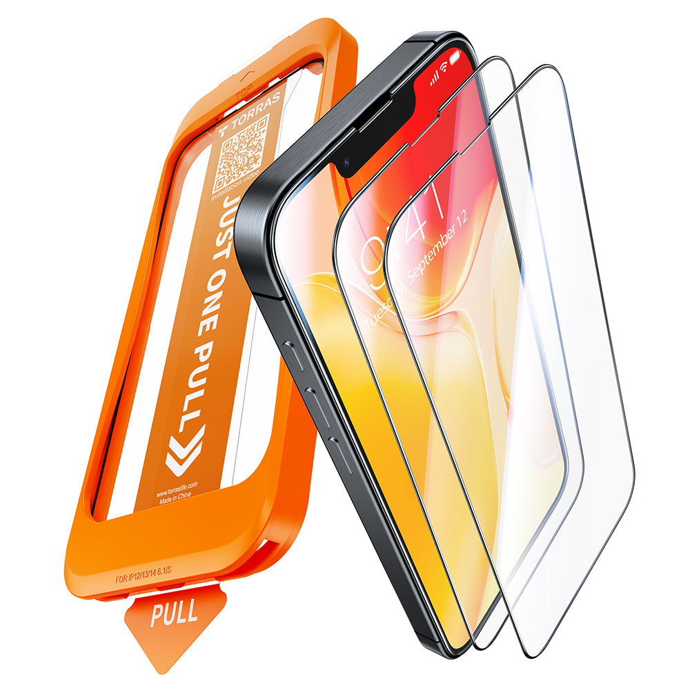 Zaštitna folija za ekran Torras GlassGo Install Master za Apple iPhone 17e / 16e / 14 / 13 Pro, Kaljeno staklo, Full Glue, Set od 2 komada