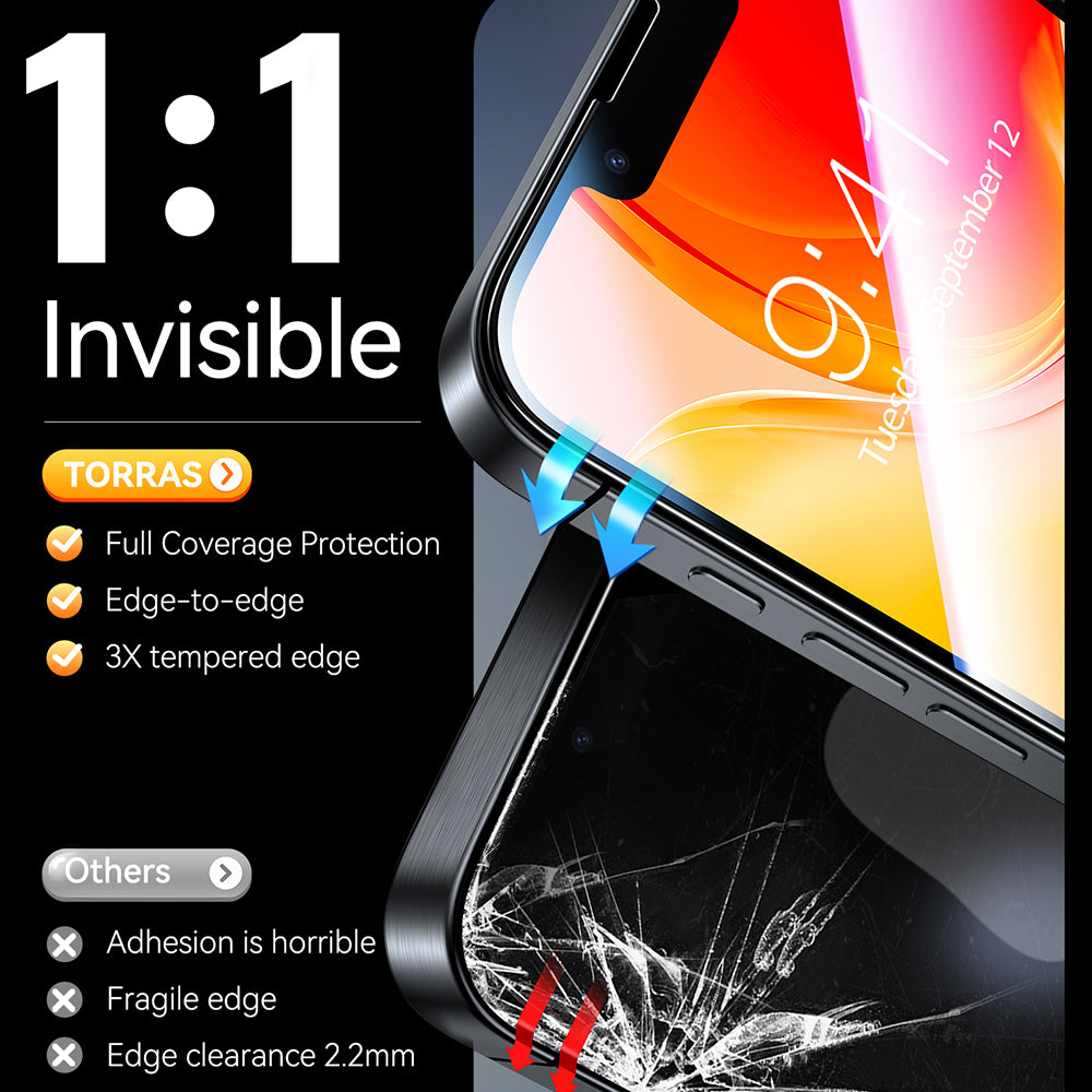 Zaštitna folija za ekran Torras GlassGo Install Master za Apple iPhone 17e / 16e / 14 / 13 Pro, Kaljeno staklo, Full Glue, Set od 2 komada