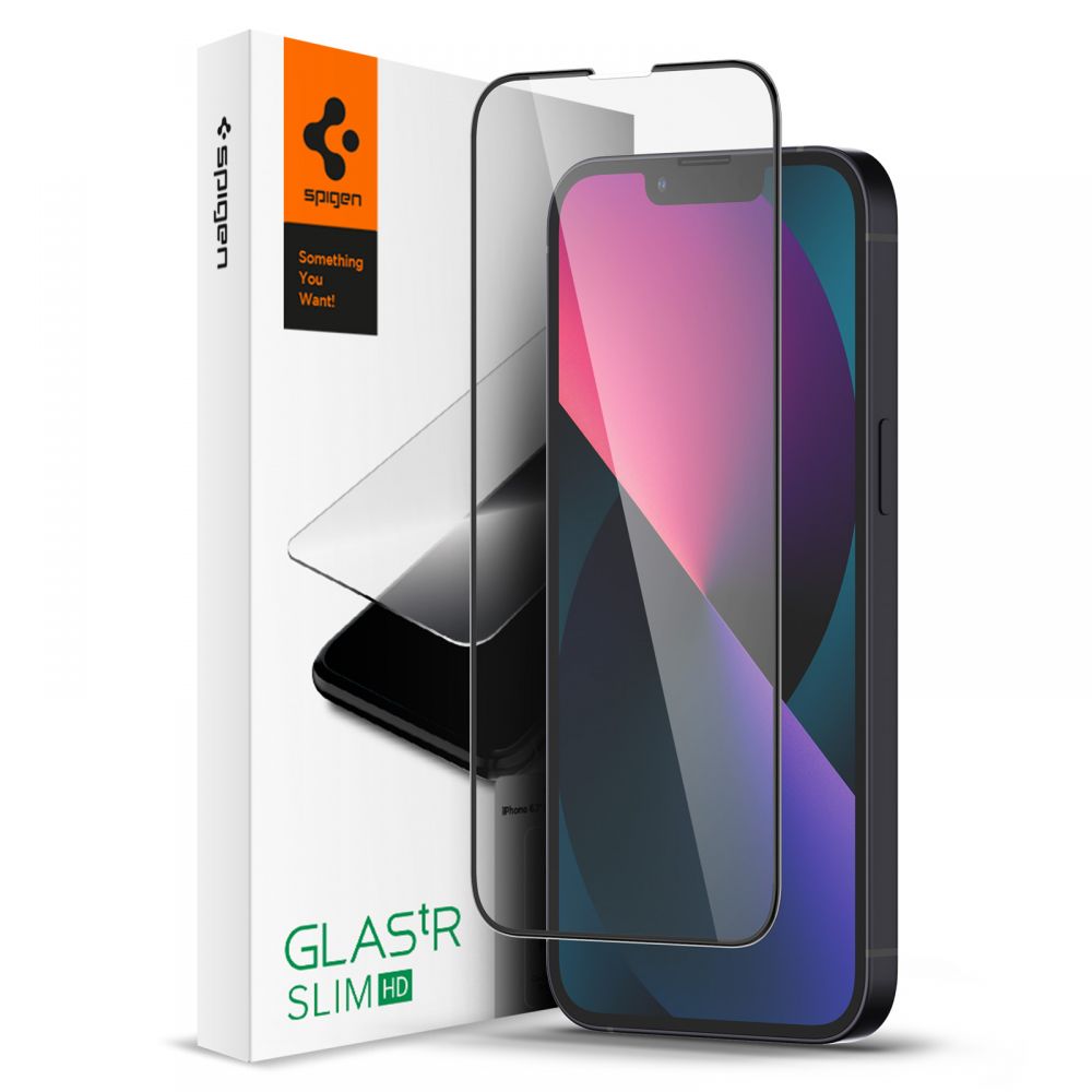 Folija za zaštitu ekrana Spigen GlastR Slim za Apple iPhone 17e / 16e / 14 / 13 Pro, Kaljeno staklo, Full Glue, Crna AGL03392