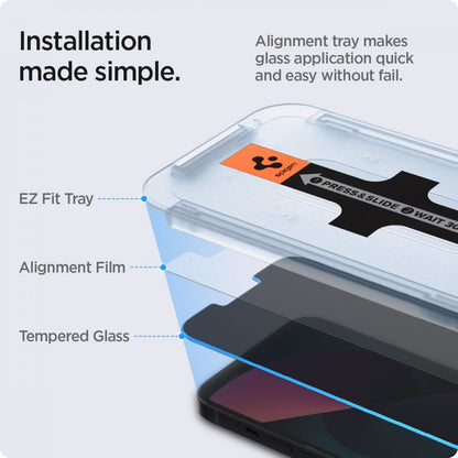 Zaštitna folija za ekran Privacy Spigen GlastR EZ FIT za Apple iPhone 17e / 16e / 14 / 13 Pro, Kaljeno staklo, Full Glue, Set 2 komada AGL03388