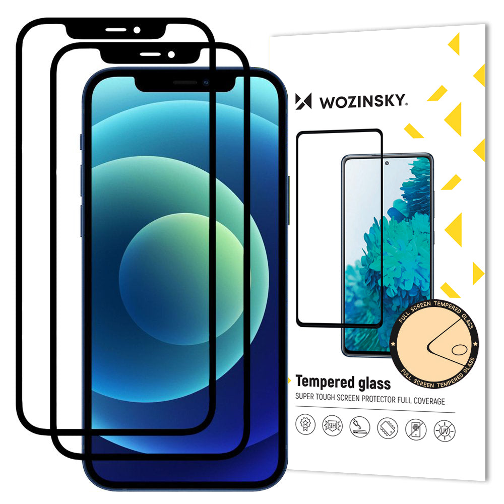 Zaštitna folija za ekran WZK za Apple iPhone 12 / 12 Pro, Kaljeno staklo, Full Glue, Set 2 komada, Case Friendly, Crna