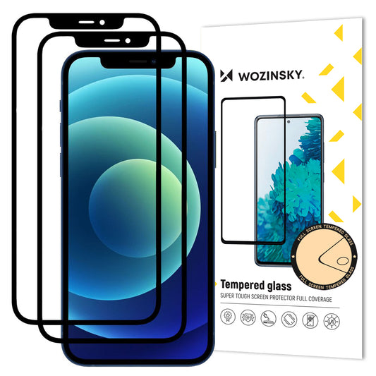 Zaštitna folija za ekran WZK za Apple iPhone 12 / 12 Pro, Kaljeno staklo, Full Glue, Set 2 komada, Case Friendly, Crna