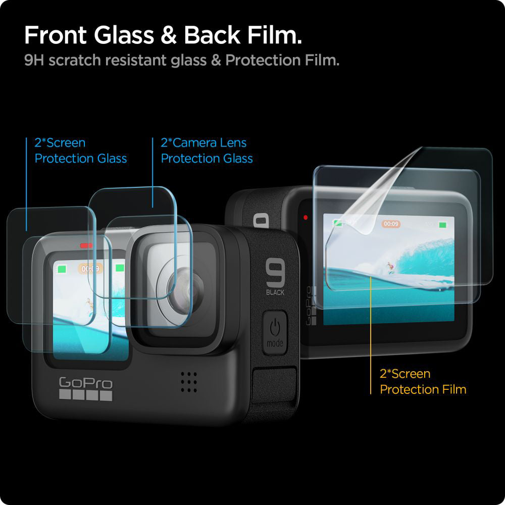 Folija za zaštitu ekrana i objektiva Spigen GlastR Slim za GoPro Hero 12 / 9 / 10 / 11, Kaljeno staklo, Set od 6 komada AGL03045