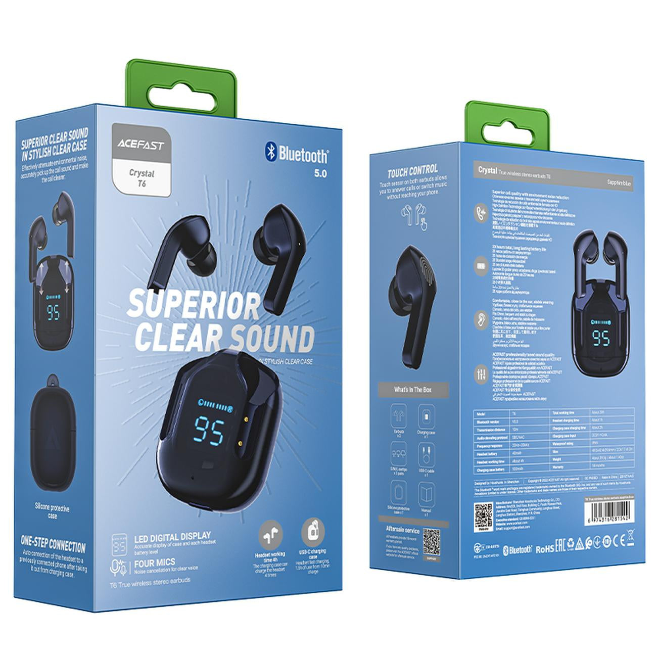 Handsfree Bluetooth Acefast T6, TWS, Tamnoplava