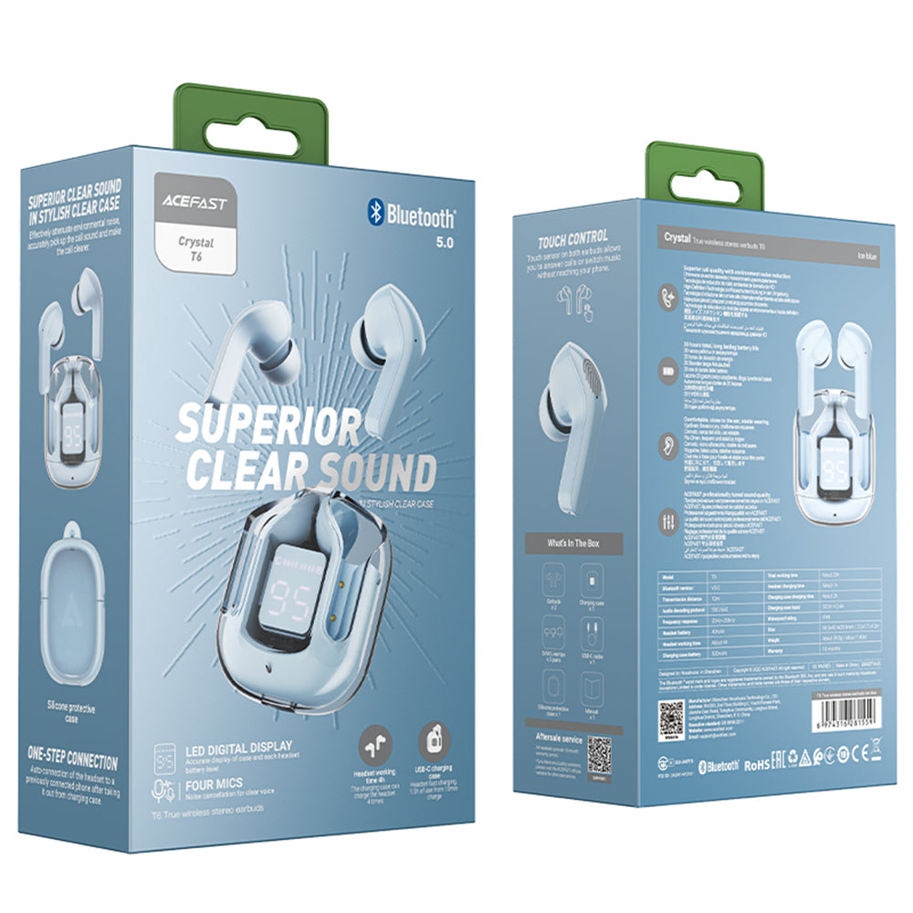 Handsfree Bluetooth Acefast T6, TWS, Plavi