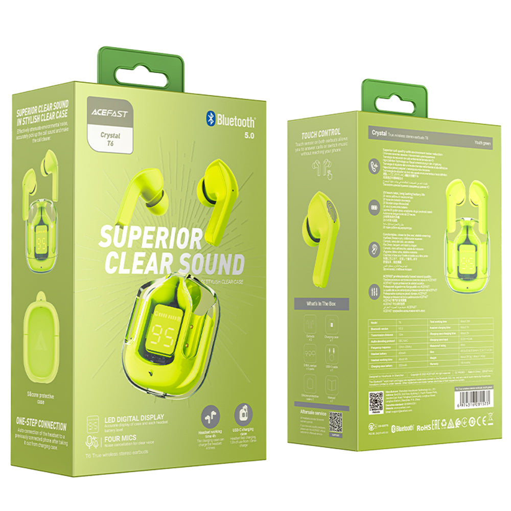 Handsfree Bluetooth Acefast T6, TWS, Zeleno