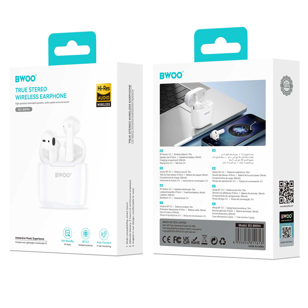 Handsfree Bluetooth BWOO BW94, TWS, Bela
