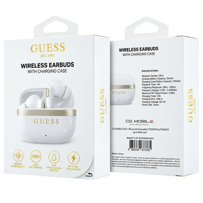 Bluetooth handsfree Guess Glossy Gold Line Printed Classic Logo, TWS, bela boja
