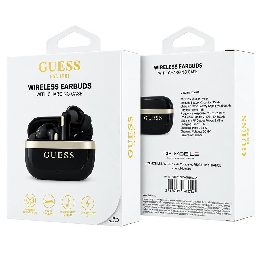 Bluetooth handsfree Guess Glossy Gold Line Printed Classic Logo, TWS, crne boje