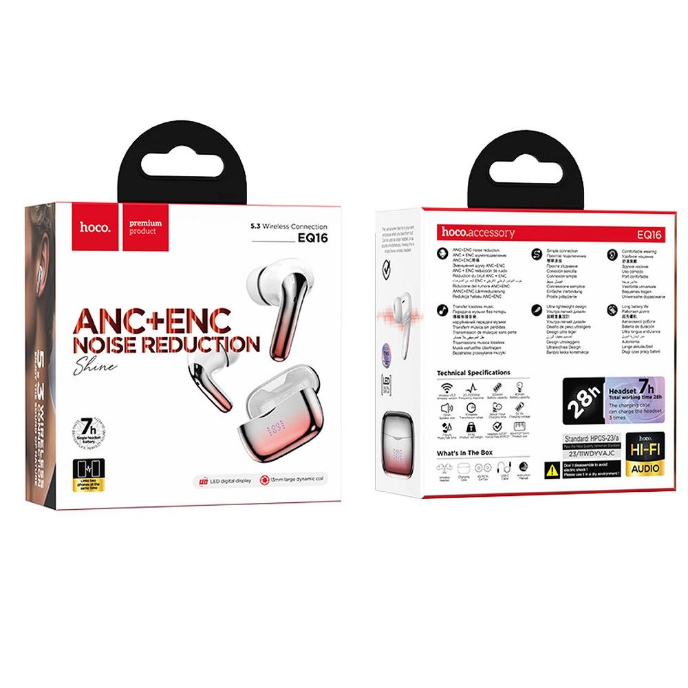 Bluetooth Handsfree Bluetooth HOCO EQ16, TWS, ANC, Red 