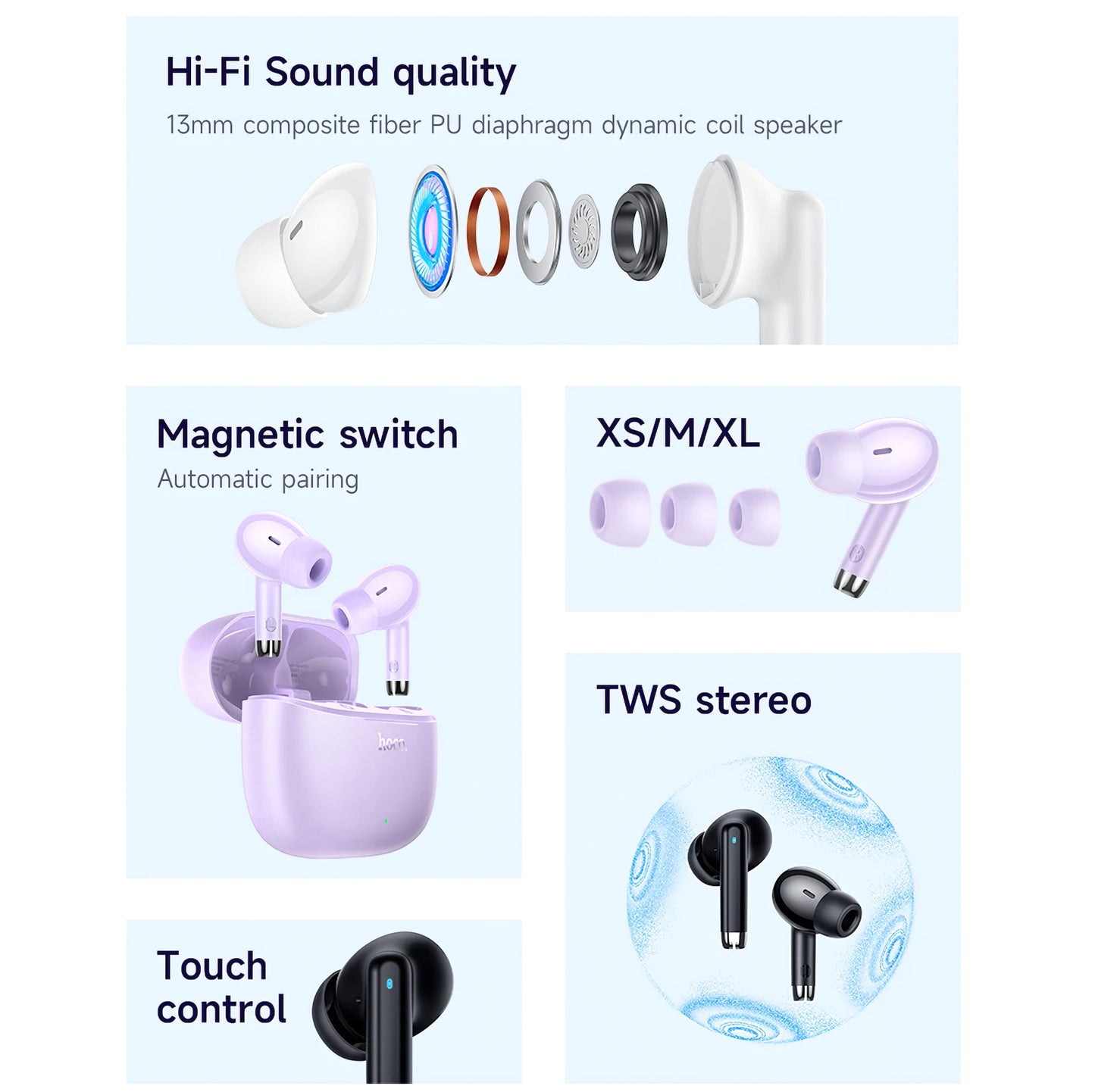 Handsfree Bluetooth HOCO EQ2, TWS, Ljubičasti