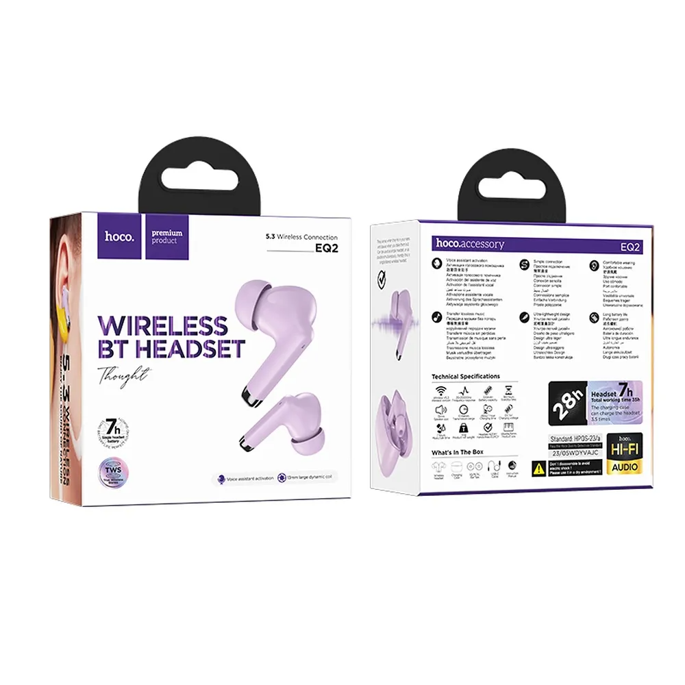 Handsfree Bluetooth HOCO EQ2, TWS, Ljubičasti