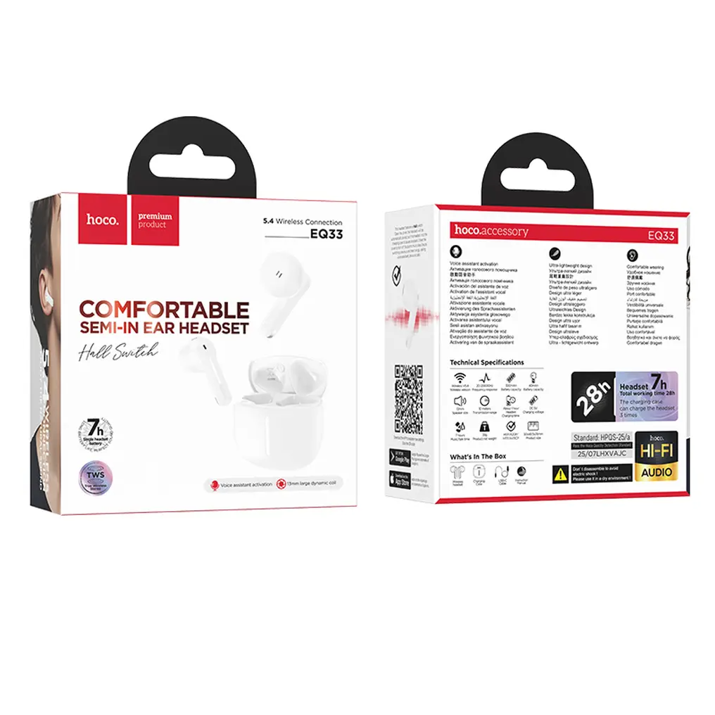 Handsfree Bluetooth HOCO EQ33, TWS, Bela